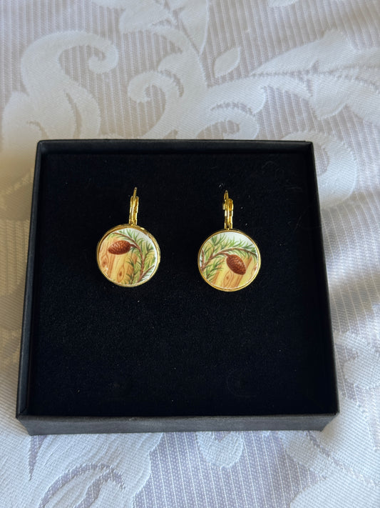 Knotty Pine Earrings, One Cone on the Branch, Gold
